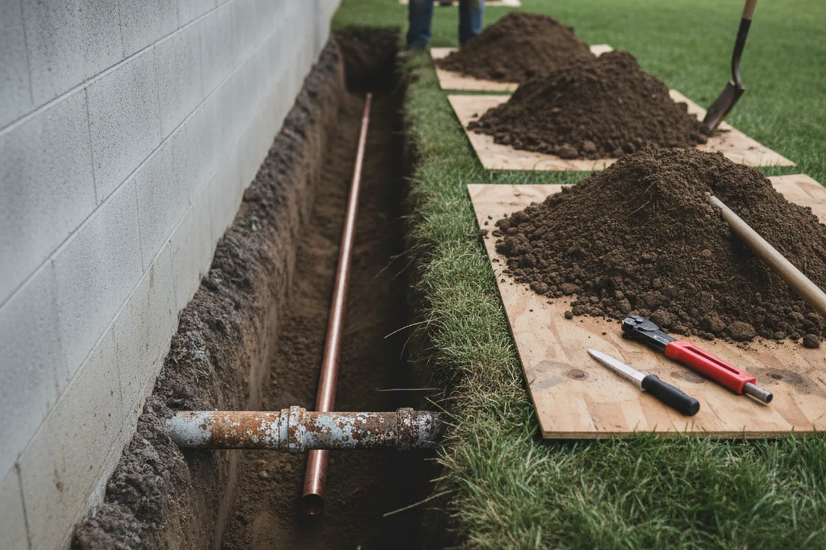 Excavated water line trench during Water Softener Installation in Bryant